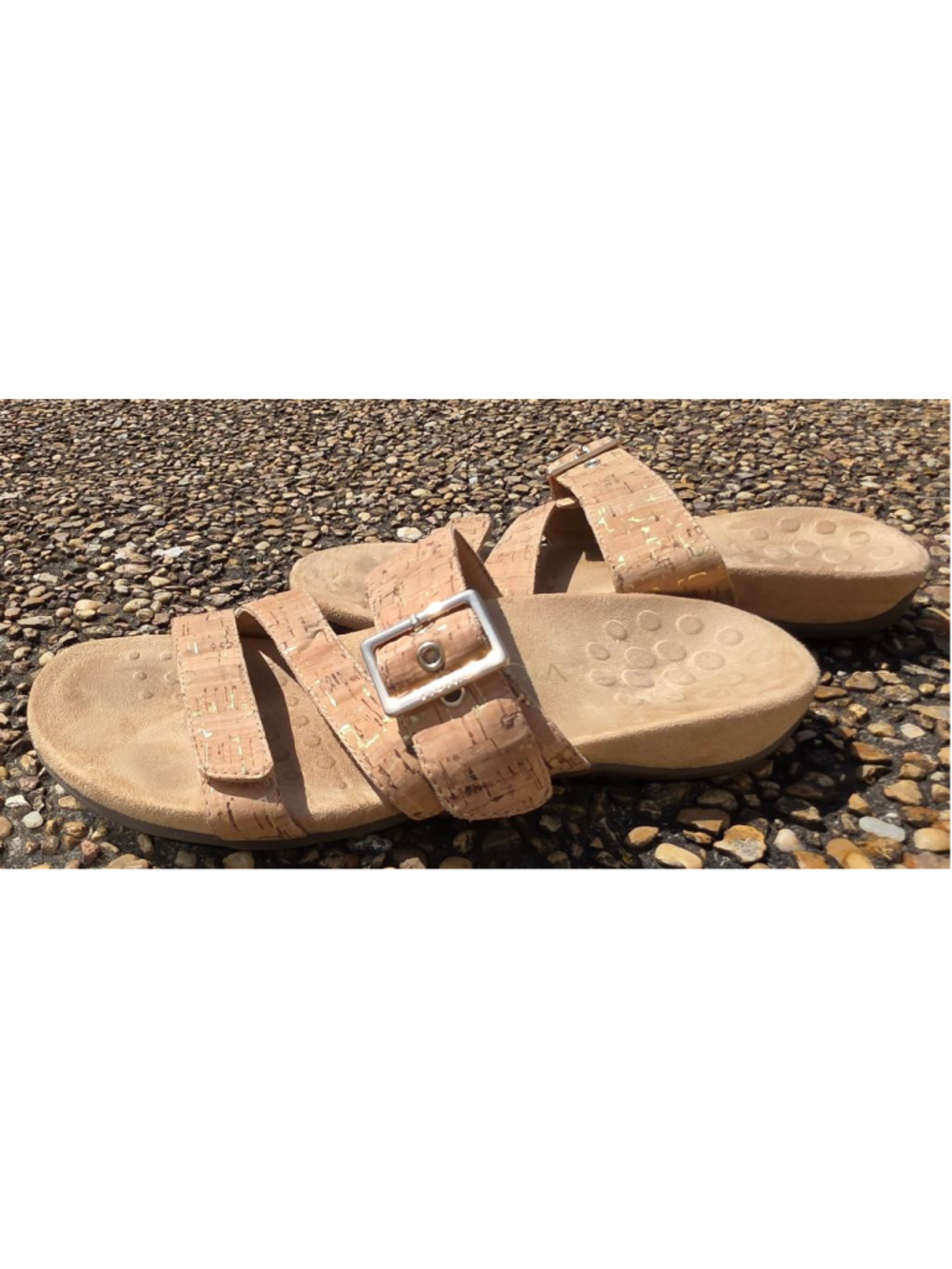 Vionic Cork Double Strap Slide Sandals Size 8 Gold Fleck Comfort Footbed - Picture 4 of 11